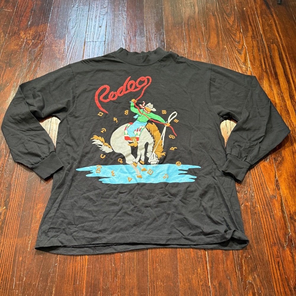 Vintage 90s Rodeo Graphic T Shirt Mens L Black Puff Print Single Stitch Long Slv